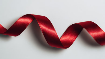 Flat lay of shiny red satin ribbon artistically curved on a clean white background, emphasizing luxury and sophisticationの素材