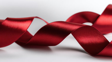 Red satin ribbon flowing gently across a white background, creating soft curves and reflective highlights for a luxurious feelの素材