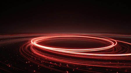 3D digital render of red light trails forming circular motion, glowing intensely with a futuristic, high-energy aestheticの素材