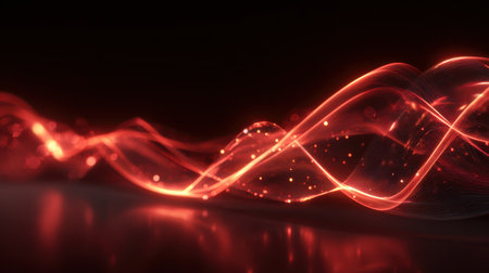 Glowing red energy waves forming a flowing motion pattern, rendered in 3D with bright flares and futuristic reflectionsの素材