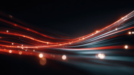 Dynamic 3D rendering of moving red light streaks with glowing flares and soft reflections, creating a futuristic energy wave effect on dark backgroundの素材