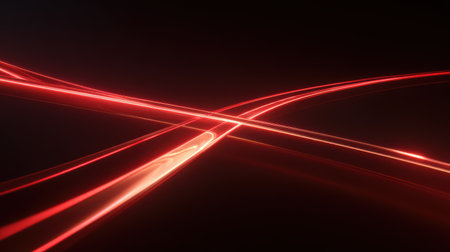 Curved red laser trails crossing over each other with glowing flares, 3D render with high contrast and modern aestheticの素材