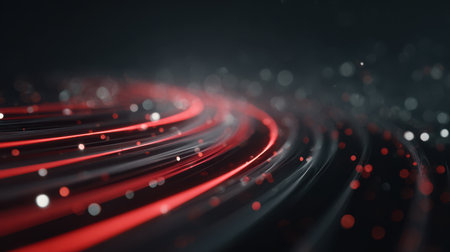Elegant 3D rendering of red light trails sweeping across the frame with reflections and bokeh spark effects in deep black spaceの素材