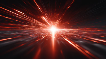 Glowing red light streaks radiating from a bright flare center, creating fast motion energy lines in a dark futuristic backgroundの素材