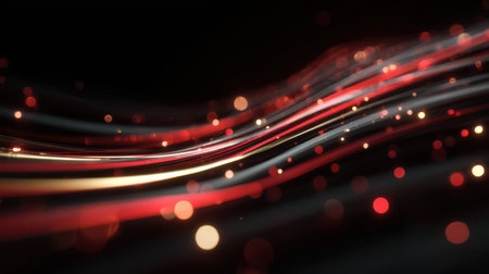 Elegant 3D rendering of red light trails sweeping across the frame with reflections and bokeh spark effects in deep black spaceの素材