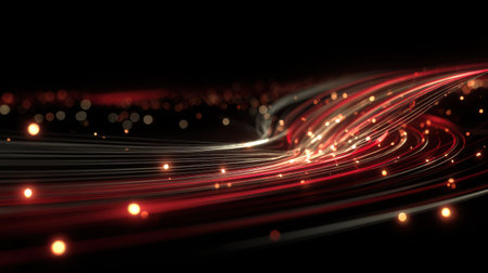 Elegant 3D rendering of red light trails sweeping across the frame with reflections and bokeh spark effects in deep black spaceの素材
