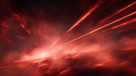 Sci-fi concept of moving red energy rays and bright flares traveling through digital mist with cinematic glow and depthの素材