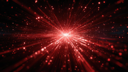 Glowing red streaks bursting outward from a bright point, captured with motion and depth for a 3D digital energy explosion effectの素材