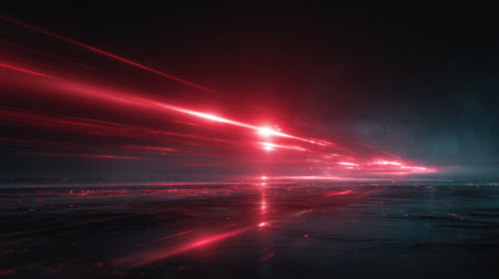 Sci-fi visualization of moving red energy rays and light flares reflecting on metallic surfaces in dark atmosphereの素材