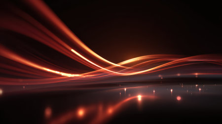 Smooth red light waves in motion forming curved glowing lines and lens flare reflections on glossy surface, 3D abstract backgroundの素材
