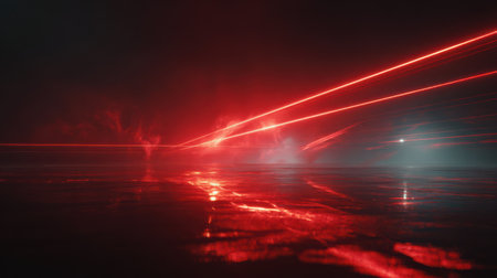 Sci-fi visualization of moving red energy rays and light flares reflecting on metallic surfaces in dark atmosphereの素材