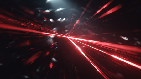 High-speed red light beams cutting through darkness, creating dynamic flare and reflection effects with depth of fieldの素材