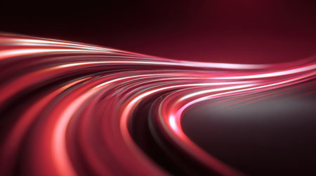 Smooth red light waves in motion forming curved glowing lines and lens flare reflections on glossy surface, 3D abstract backgroundの素材