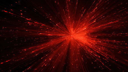 Glowing red streaks bursting outward from a bright point, captured with motion and depth for a 3D digital energy explosion effectの素材