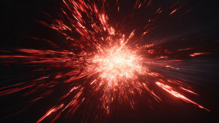 Glowing red streaks bursting outward from a bright point, captured with motion and depth for a 3D digital energy explosion effectの素材