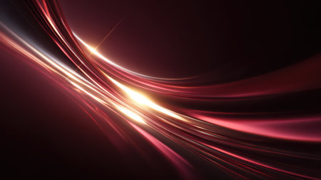 Smooth red light waves in motion forming curved glowing lines and lens flare reflections on glossy surface, 3D abstract backgroundの素材