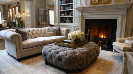 Luxury living room with fireplace, sofa and armchair. Nobody insideの素材
