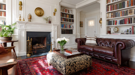 Luxury interior of a classic living room with a fireplace, sofa, bookshelves and armchairの素材