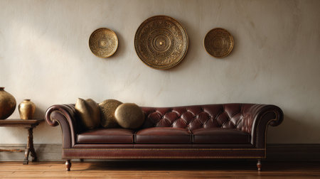 Heritage decor elements: brass ornaments, leather sofa deep brown tones, soft wall colors, polished wood flooring, no text, no logoの素材