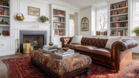 Classic English living room with white fireplace, built-in bookshelves, brown leather chesterfield sofa, patterned ottoman coffee table, red oriental rug, antique brass decor, soft daylight, no text, no logoの素材
