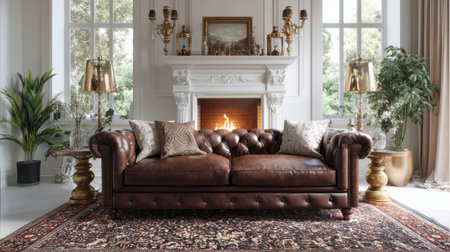 Brown chesterfield sofa facing white fireplace, classic oriental rug, antique brass frames and lamps, natural daylight, warm and inviting atmosphere, no text, no logoの素材