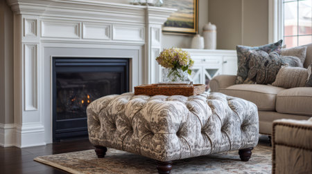 Living room with beige sofa, fireplace and vase of flowersの素材