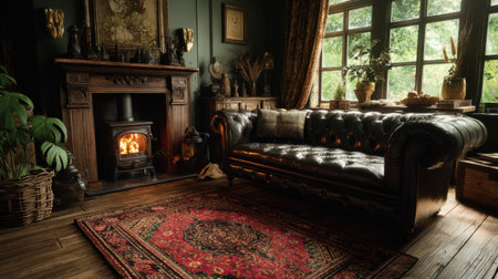 Charming English living room scene with cast iron fire insert, chesterfield sofa textures, handcrafted wood floors, red oriental rug warmth, no text, no logoの素材