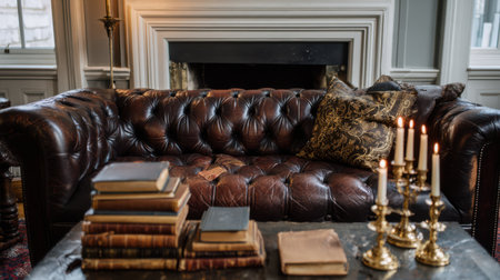 Chesterfield leather sofa by classic fireplace, antique brass candle holders, stacked books, cozy traditional ambiance, soft neutral walls, no text, no logoの素材