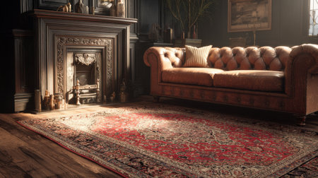 Charming English living room scene with cast iron fire insert, chesterfield sofa textures, handcrafted wood floors, red oriental rug warmth, no text, no logoの素材
