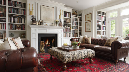 Classic English living room with white fireplace, built-in bookshelves, brown leather chesterfield sofa, patterned ottoman coffee table, red oriental rug, antique brass decor, soft daylight, no text, no logoの素材