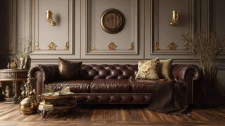 Heritage decor elements: brass ornaments, leather sofa deep brown tones, soft wall colors, polished wood flooring, no text, no logoの素材