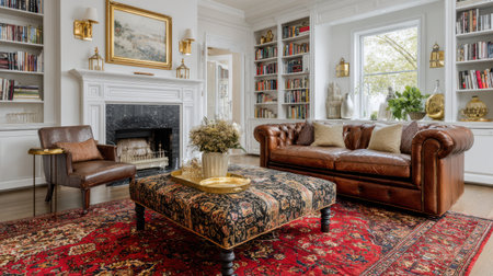 Classic English living room with white fireplace, built-in bookshelves, brown leather chesterfield sofa, patterned ottoman coffee table, red oriental rug, antique brass decor, soft daylight, no text, no logoの素材
