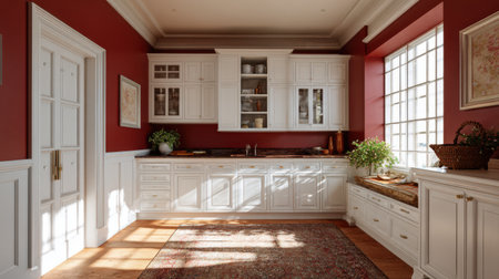English traditional style room, white cabinetry, vintage textures, red and brown color harmony, cozy and welcoming, natural daylight, no text, no logoの素材