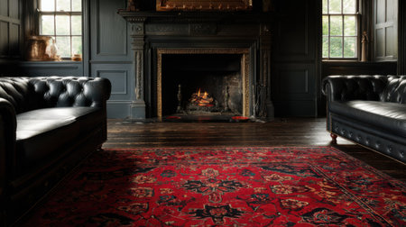 Red oriental rug contrast with dark floorboards, chesterfield leather comfort, refined fireplace focal point, no text, no logoの素材
