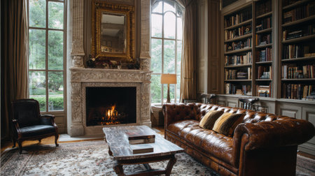 Relaxed luxury setting: elegant fireplace, vintage leather sofa, classically arranged bookshelves, soft daylight through wide windows, no text, no logoの素材