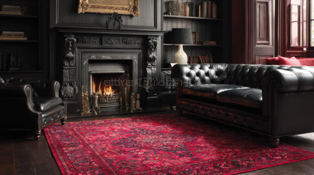 Red oriental rug contrast with dark floorboards, chesterfield leather comfort, refined fireplace focal point, no text, no logoの素材