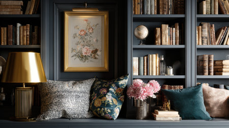 Traditional home interior with library-style shelving, tasteful art, floral cushions, brass table lamp, cozy and stylish, no text, no logoの素材