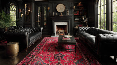 Red oriental rug contrast with dark floorboards, chesterfield leather comfort, refined fireplace focal point, no text, no logoの素材