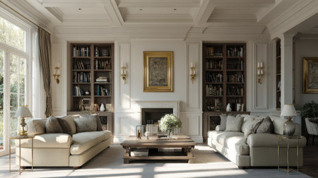 Sunlit classic English living room with curated decor, neutral walls, built-in bookcases, luxurious timeless interior design, no text, no logoの素材