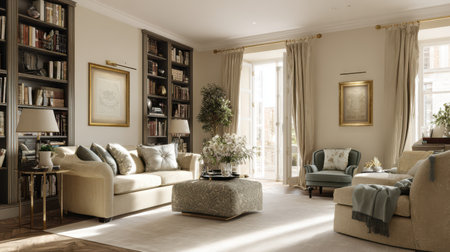 Sunlit classic English living room with curated decor, neutral walls, built-in bookcases, luxurious timeless interior design, no text, no logoの素材