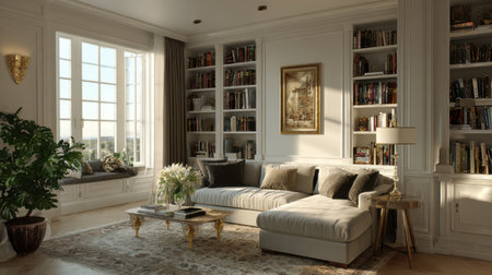 Sunlit classic English living room with curated decor, neutral walls, built-in bookcases, luxurious timeless interior design, no text, no logoの素材