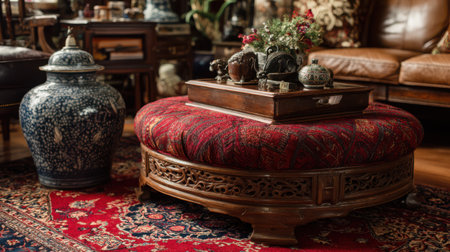 Patterned ottoman coffee table centerpiece, antique wooden furnishings, red oriental rug detail, curated classic decor, no text, no logoの素材