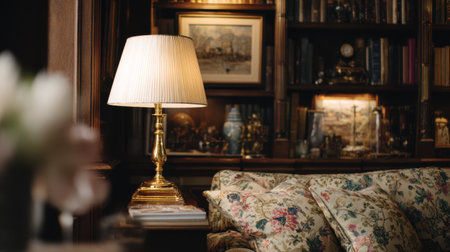 Traditional home interior with library-style shelving, tasteful art, floral cushions, brass table lamp, cozy and stylish, no text, no logoの素材