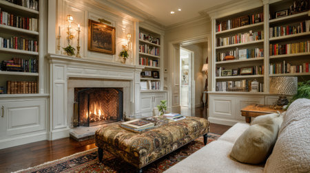 Traditional living room with patterned ottoman coffee table, refined built-ins full of books, elegant molding, cozy fireplace with cast iron insert, no text, no logoの素材