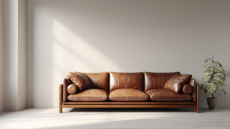Brown leather sofa in softly lit cozy living space, clean blank wall background, mockup for interior design or product display, modern and timeless feelの素材