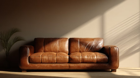 Classic brown leather sofa mockup under golden warm light, minimal background, inviting and stylish living space compositionの素材
