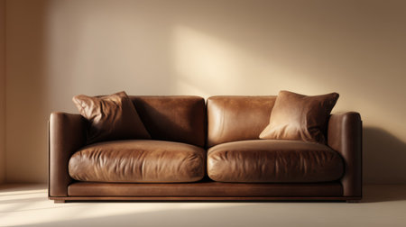 Luxurious brown leather sofa mockup scene, illuminated with warm golden light, soft beige wall background, simple and timeless settingの素材