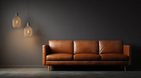 Minimalist interior setup featuring brown leather sofa, warm ambient lighting, clean wall space ready for design placement, cozy and elegant vibeの素材