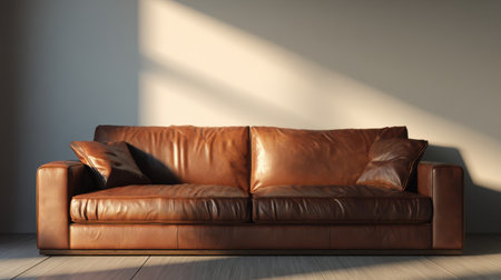 Contemporary brown leather sofa bathed in golden hour light, soft neutral background, stylish mockup for artwork or brand presentationの素材