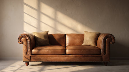 Luxurious brown leather sofa mockup scene, illuminated with warm golden light, soft beige wall background, simple and timeless settingの素材